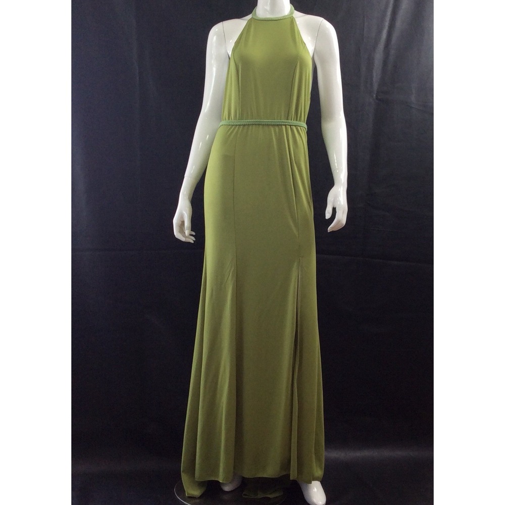 Olive Green Halter Maxi Dress Braided Waist Open Back High Slit Goddess Sz 8